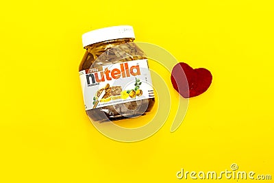 Mascara Algeria - June 03, 2020: NUTELLA jar and heart pillow, Hazelnut Spread with Cocoa produced by Ferrero. love chocolate conc Editorial Stock Photo