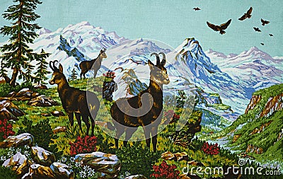 Mascara, Algeria - May 10, 2023: painting art of Group of tatra chamois climbing on rocks Editorial Stock Photo