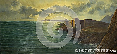 Mascara, Algeria - September 17, 2021: Original painting board of Ruins of an old castle near to ocean Editorial Stock Photo