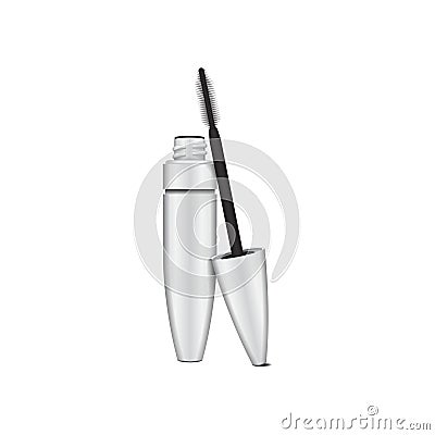 Mascara brush. 3d blank, white mascara open tube with brush. Vector illustration of cosmetic product container. Isolated Vector Illustration