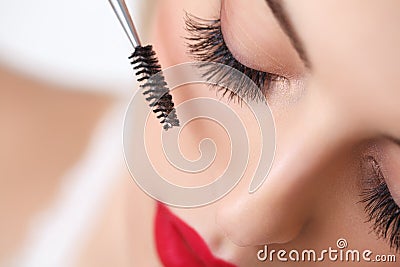 Mascara Brush. Woman eye with long eyelashes. Stock Photo