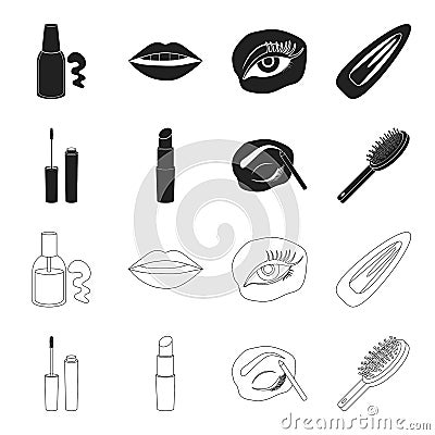 Mascara, hairbrush, lipstick, eyebrow pencil,Makeup set collection icons in black,outline style vector symbol stock Vector Illustration