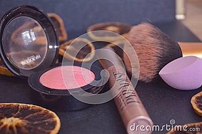 Make up collection mascara blush orange Stock Photo