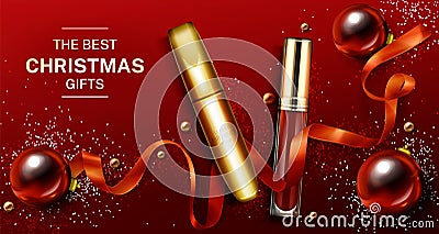 Mascara and lip gloss christmas cosmetics gifts Vector Illustration