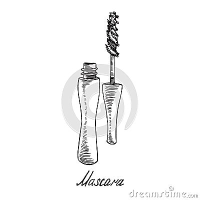 Mascara open tube with inscription, hand drawn doodle sketch with inscription, isolated vector Vector Illustration