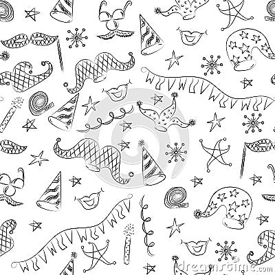 Seamless Pattern of Hand Drawn Party Symbols. Children Drawings of Masquerade Elements. Sketch Style. Vector Illustration