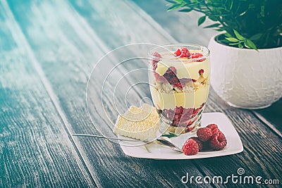 Mascarpone dessert in glass with biscuit, raspberries fruit. Stock Photo