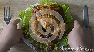 Maschio che va mangiare la grande parte al ristorante, problema del pollo fritto di eccesso di cibo stock footage Maschio che va mangiare la grande parte al ristorante, problema del pollo fritto di eccesso di cibo stock footage