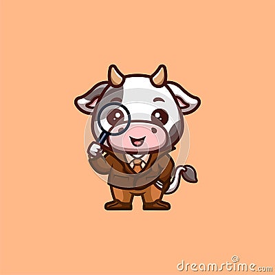 Cow Detective Cute Creative Kawaii Cartoon Mascot Stock Photo