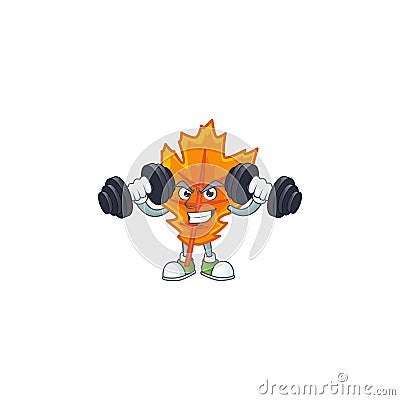 Mascot a with bring barbell in the cartoon orange autumn leaves Vector Illustration