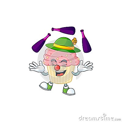 Mascot cartoon style of strawberry cupcake playing Juggling on stage Vector Illustration