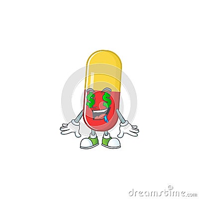 Mascot character style of rich red yellow capsules with money eyes Vector Illustration