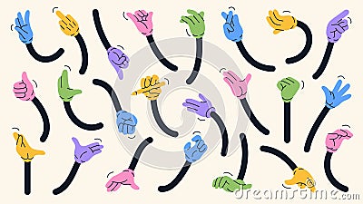 Mascot colorful arm collection. Vector set of different hands. Cartoon elements of old 1920 to 1950 design style Vector Illustration