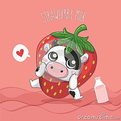 Strawberry milk dairy cow very cute. Vector Illustration