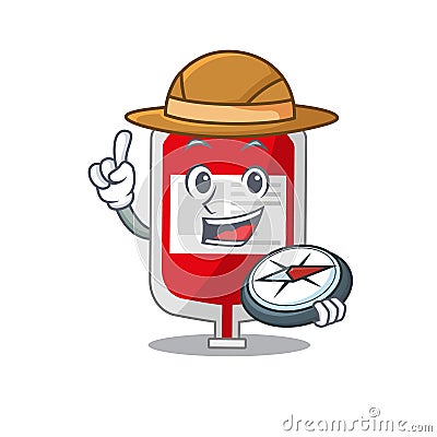 Mascot design concept of blood plastic bag explorer using a compass in the forest Vector Illustration
