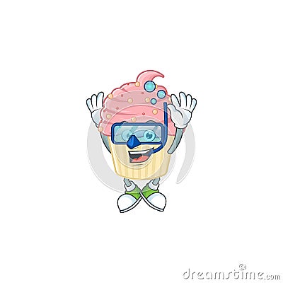 Mascot design concept of strawberry cupcake wearing Diving glasses Vector Illustration
