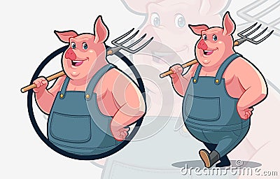 Mascot Design of a Pig Farmer Carrying Pitchfork on Shoulder Stock Photo