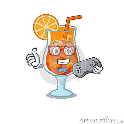 Mascot design style of mai tai cocktail gamer playing with controller Vector Illustration