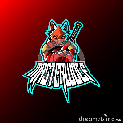 Mascot esport wolf character logo gaming red jacket costume with sword. Logo gaming for team squad Vector Illustration