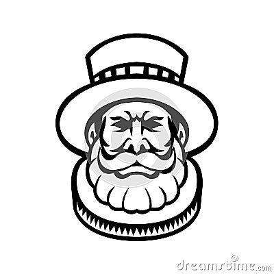 Beefeater Yeomen of the Guard or Yeoman Warder Head Mascot Black and White Vector Illustration