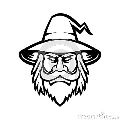 Black Wizard Sorcerer or Magician Head Mascot Black and White Vector Illustration