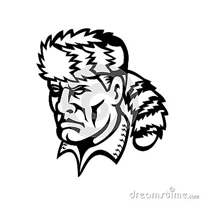 American Folk Hero and Frontiersman Davy Crockett Mascot Black and White Vector Illustration