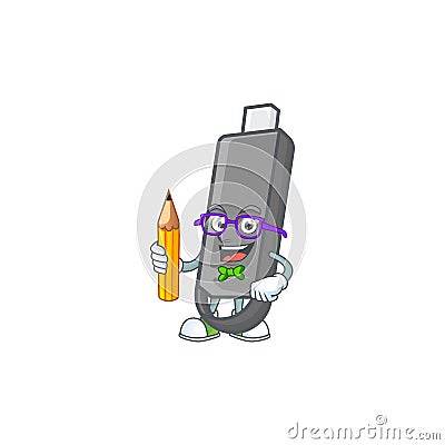 A mascot icon of Student flashdisk character holding pencil Vector Illustration