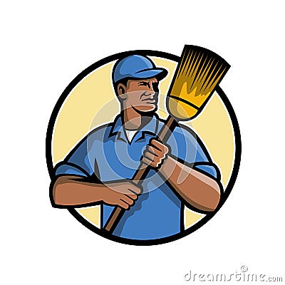 African American Street Sweeper or Cleaner Mascot Cartoon Illustration