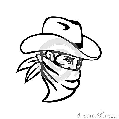 Cowboy Bandit or Outlaw Wearing Face Mask Side View Mascot Black and White Vector Illustration