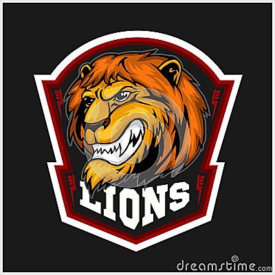 Mascot Lions - sport team logo template. Lion head on the shield. T-shirt graphic, badge, emblem, sticker. Vector Illustration