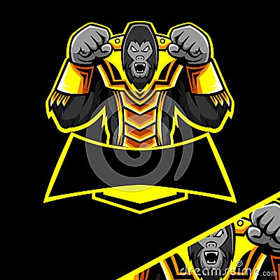 Mascot logo gorilla esport boxing pose with gold armour in black background Stock Photo