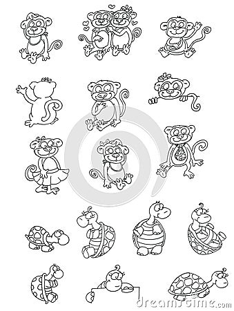 Mascot monkeys and turtles chine coloring for kids Stock Photo