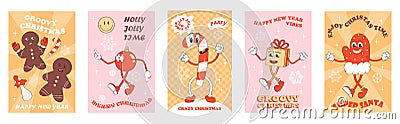 Mascot New Year character retro vector set. Holly jolly gift, crazy, groovy christmas greeting card. Gingerbread, santa Vector Illustration