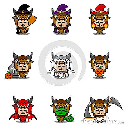 Mascot set bundle halloween bison Vector Illustration