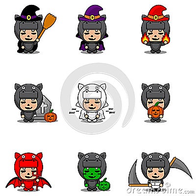 Mascot set bundle halloween hippopotamus Vector Illustration