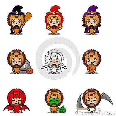 Mascot set bundle halloween lion Vector Illustration