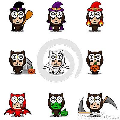 Mascot set bundle halloween owl Vector Illustration