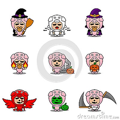 Mascot set bundle halloween pig Vector Illustration