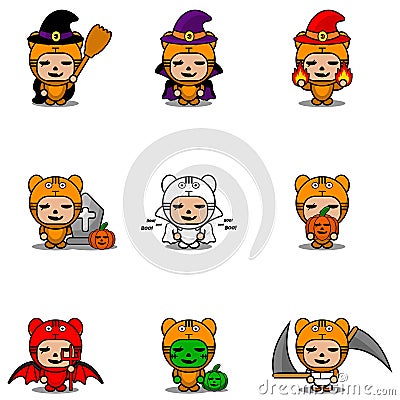 Mascot set bundle halloween tiger Vector Illustration