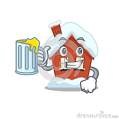 Mascot winter house a cartoon isolated holding juice Vector Illustration