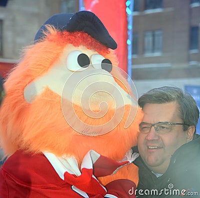 Mascot Youppi! and Denis Coderre mayor of Montreal Editorial Stock Photo
