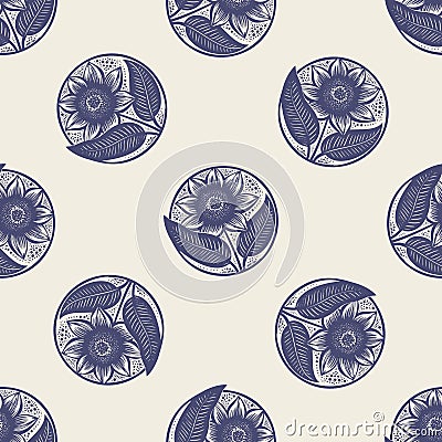 Masculine block print floral botanical vector pattern. Seamless sketchy flower organic style for rustic tile. Stock Photo