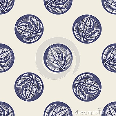 Masculine block print sprig stem vector pattern. Seamless sketchy herb plant organic style for rustic tile. Stock Photo