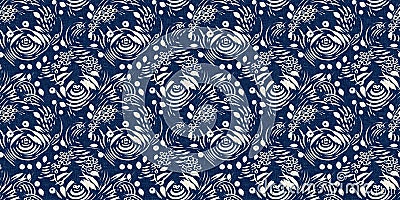 Masculine indigo floral blockprint linen seamless border. All over print of navy blue cotton effect flower linocut Stock Photo