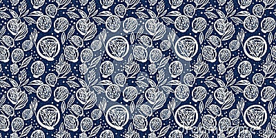 Masculine indigo floral blockprint linen seamless border. All over print of navy blue cotton effect flower linocut Stock Photo