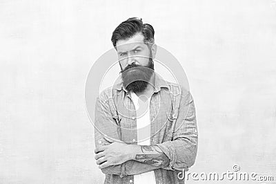 Masculinity and male beauty concept. Well groomed macho. Brutal handsome hipster man on grey wall background. Bearded Stock Photo