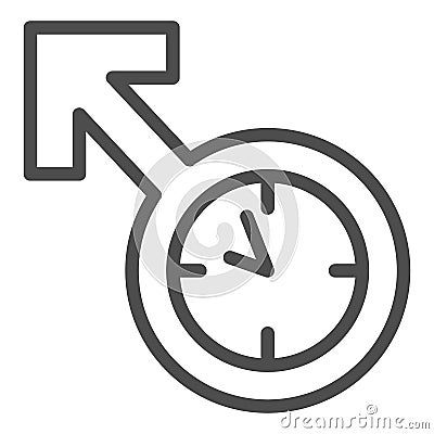 Masculinity, male symbol, clock, watch line icon, dating concept, timepiece vector sign on white background, outline Vector Illustration
