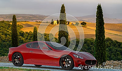 Maserati GranTurismo on the Tuscan road Editorial Stock Photo