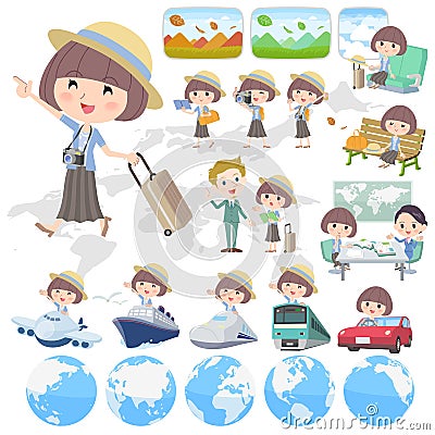 Mash hair blue cardigan woman travel Vector Illustration