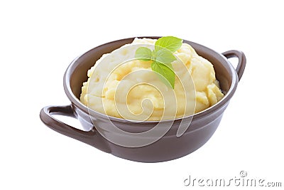 Mashed potato in brown ceramic bowl Stock Photo